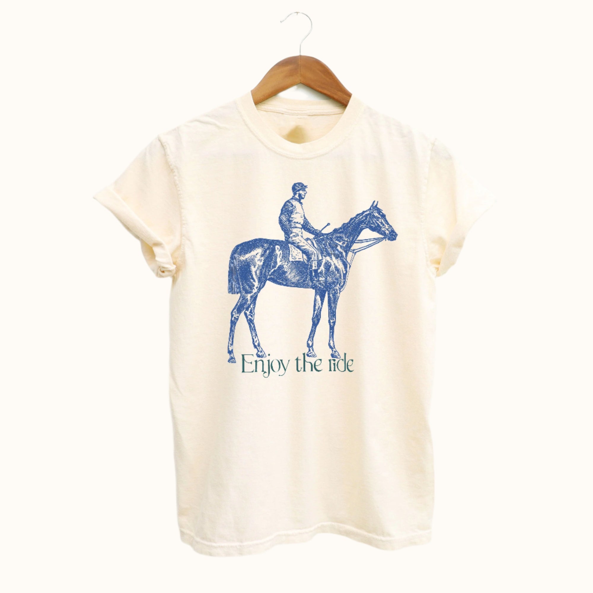 Front view of the 'Enjoy the Ride' t-shirt featuring a vintage Thoroughbred racing graphic.