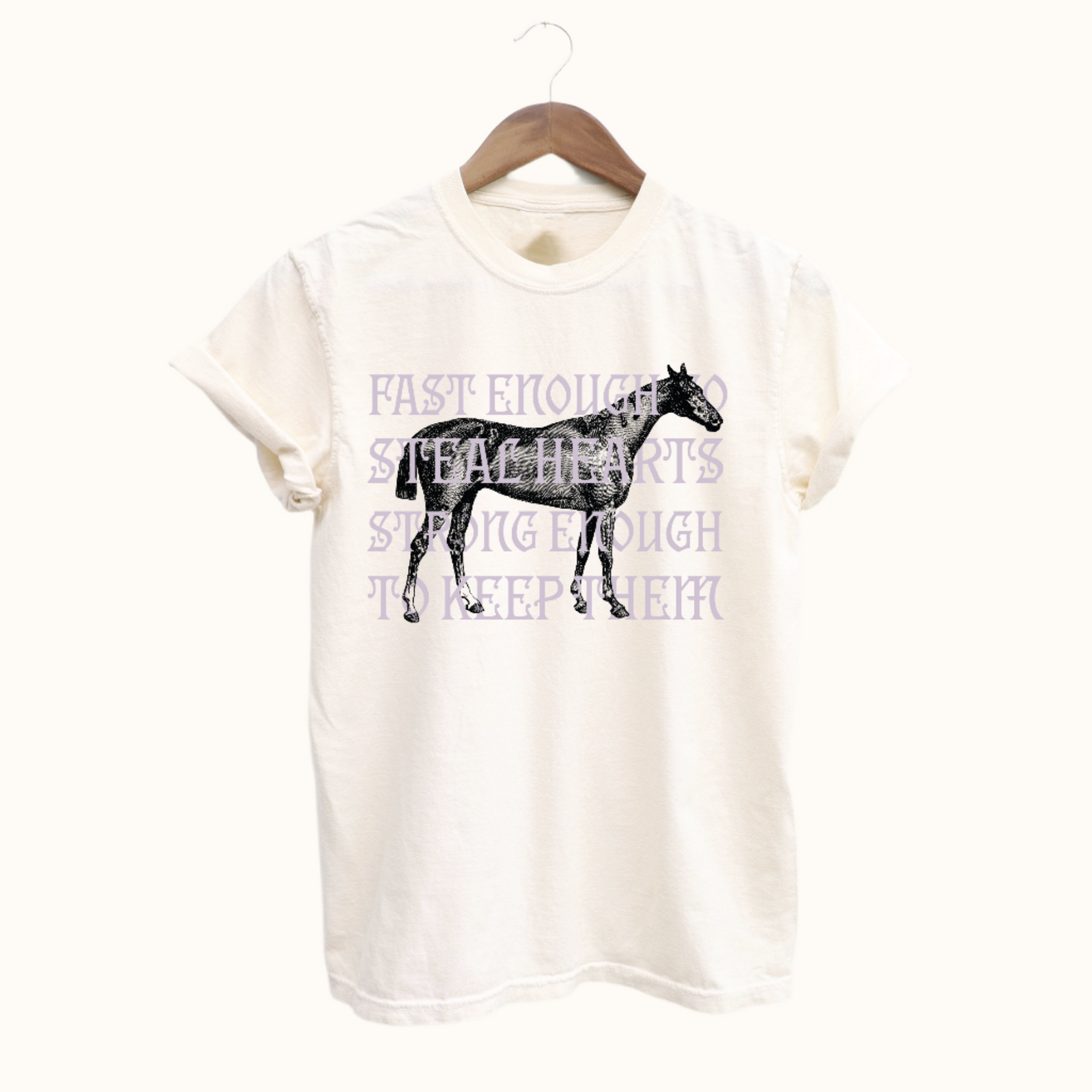 Vintage-style horse t-shirt with quote ‘Fast Enough to Steal Hearts, Strong Enough to Keep Them’ – unisex equestrian shirt